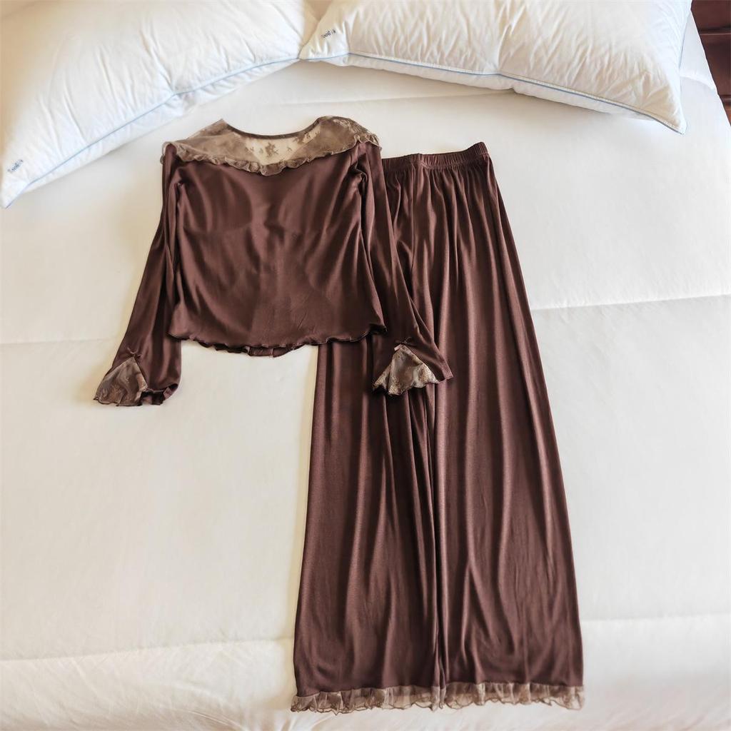 Damska piżama modalna z wkładkami na biust: Dwuczęściowy komplet do domu z długim rękawem i długimi spodniami na każdą porę roku