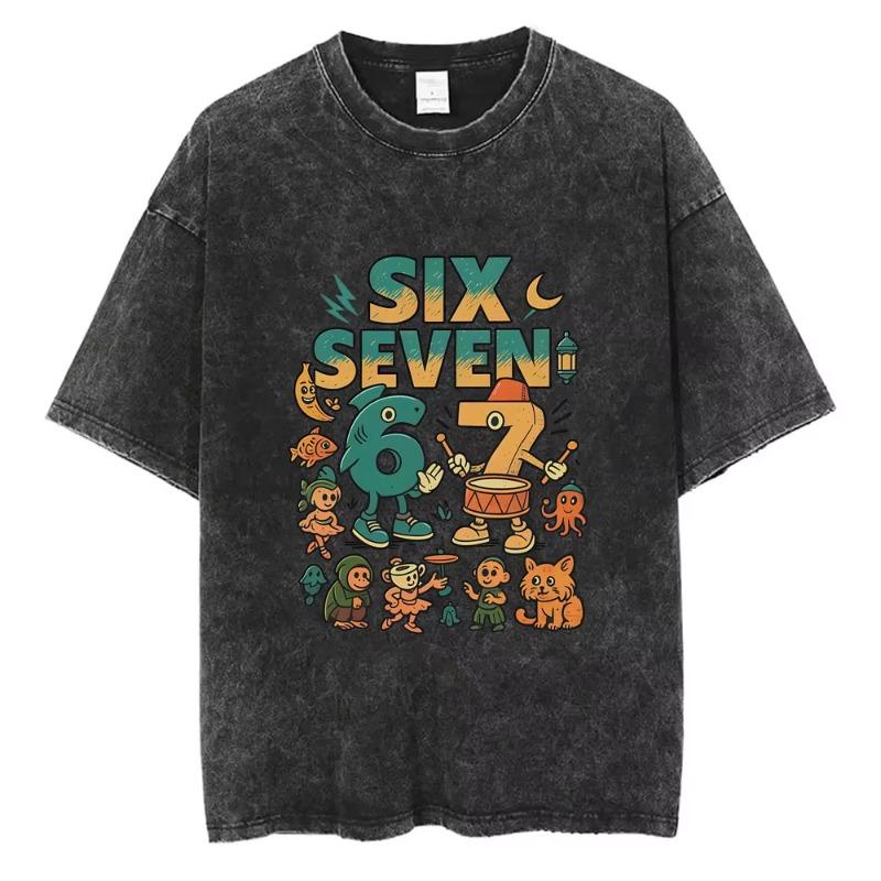 Italian Brainrot Funny Meme Washed Vintage T-shirt Six Seven 67 Number Tshirt Men Women Casual Fashion Oversized Crewneck Tees