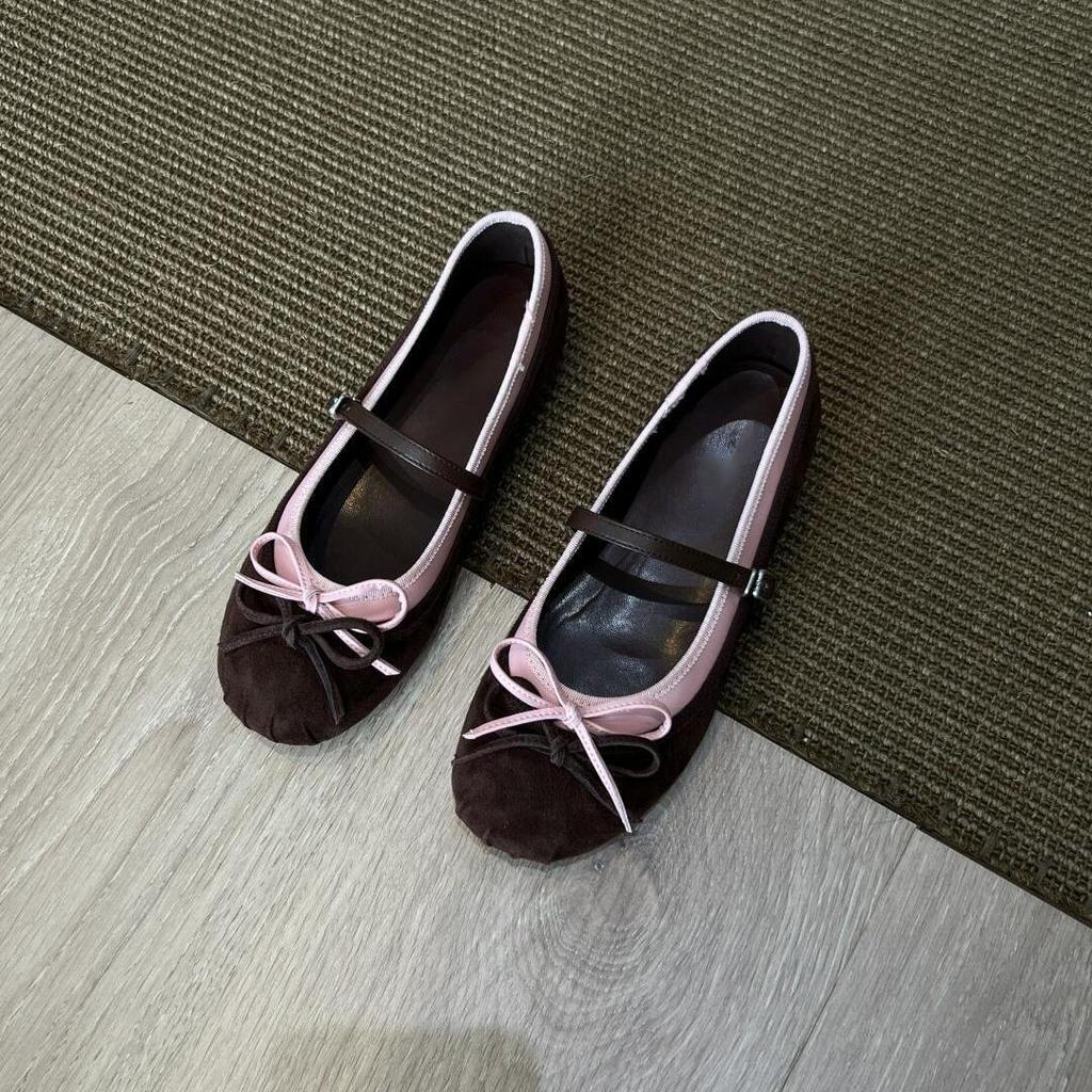 Sheepskin version~ niche leather French retro style round head with bow light mouth ballet style color matching shoes