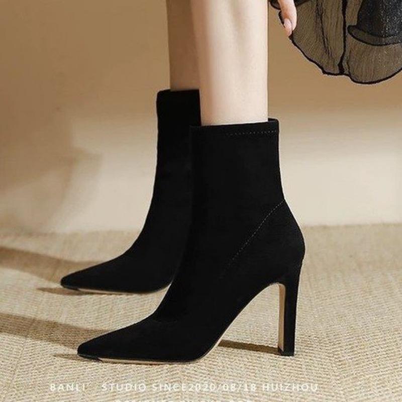 

Сексуальные ботильоны-носки Замшевые эластичные ботинки Ботинки на высоком каблуке для женщин Модная обувь 2025 Весна Осень Ботильоны Женские 5145 35 чёрный