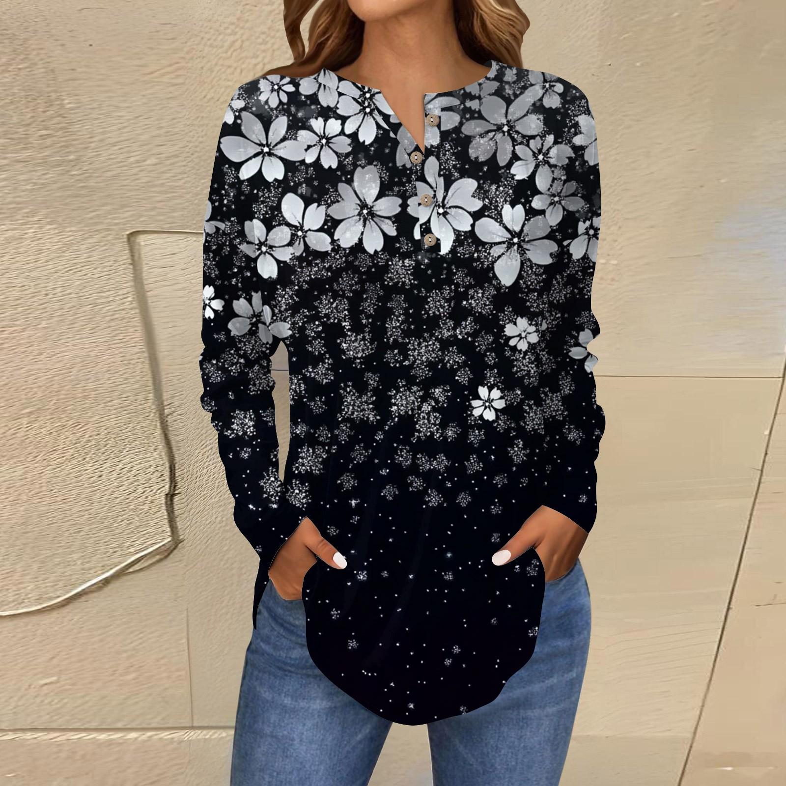 

Модная свободная футболка с длинным рукавом и цветочным принтом на пуговицах, топ-пуловер L циан