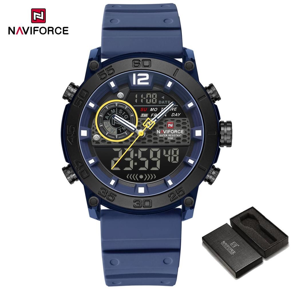NAVIFORCE Men's Sports Watch Quartz Movement LCD Digital Watch Date Day Chronograph Waterproof Silicone Strap Boys Multifunctional Watch NF6104