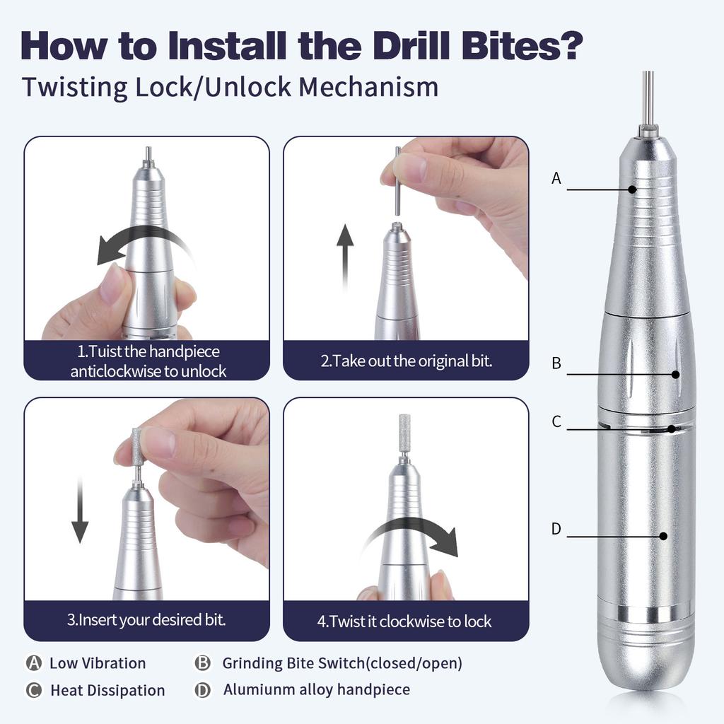 Professional Nail Drill Electric Nail File Manicure Pedicure Kit 45000RPM Portable with 6 Drill Bits for Salon and Home Use