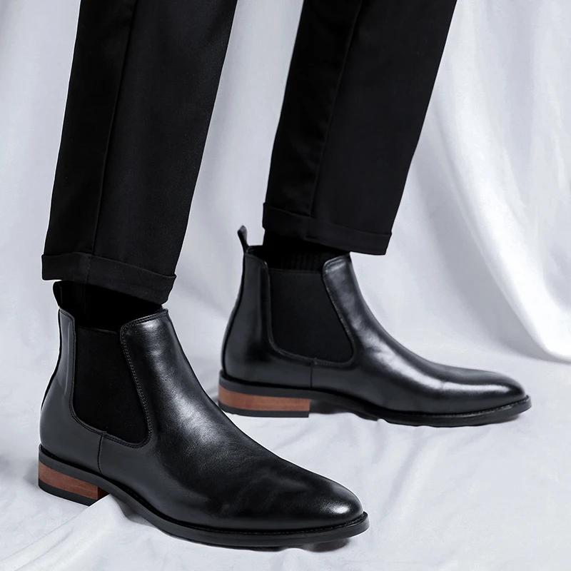 Fashion Mens British Style Autumn Casual Leather Chelsea Business Boot Brown Men Designer Antiskid Dress Ankle Boot Outdoor Oxford Shoes