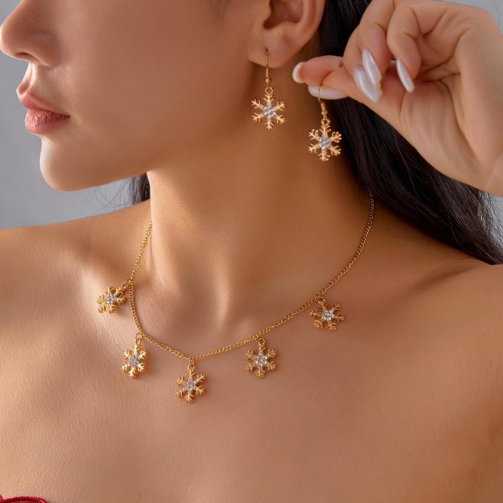 Christmas Colorful Rhinestone Imitation Pearl Snowflake Necklace Earring Set For Women Men Xmas Jewelry Set Holiday Party Gift