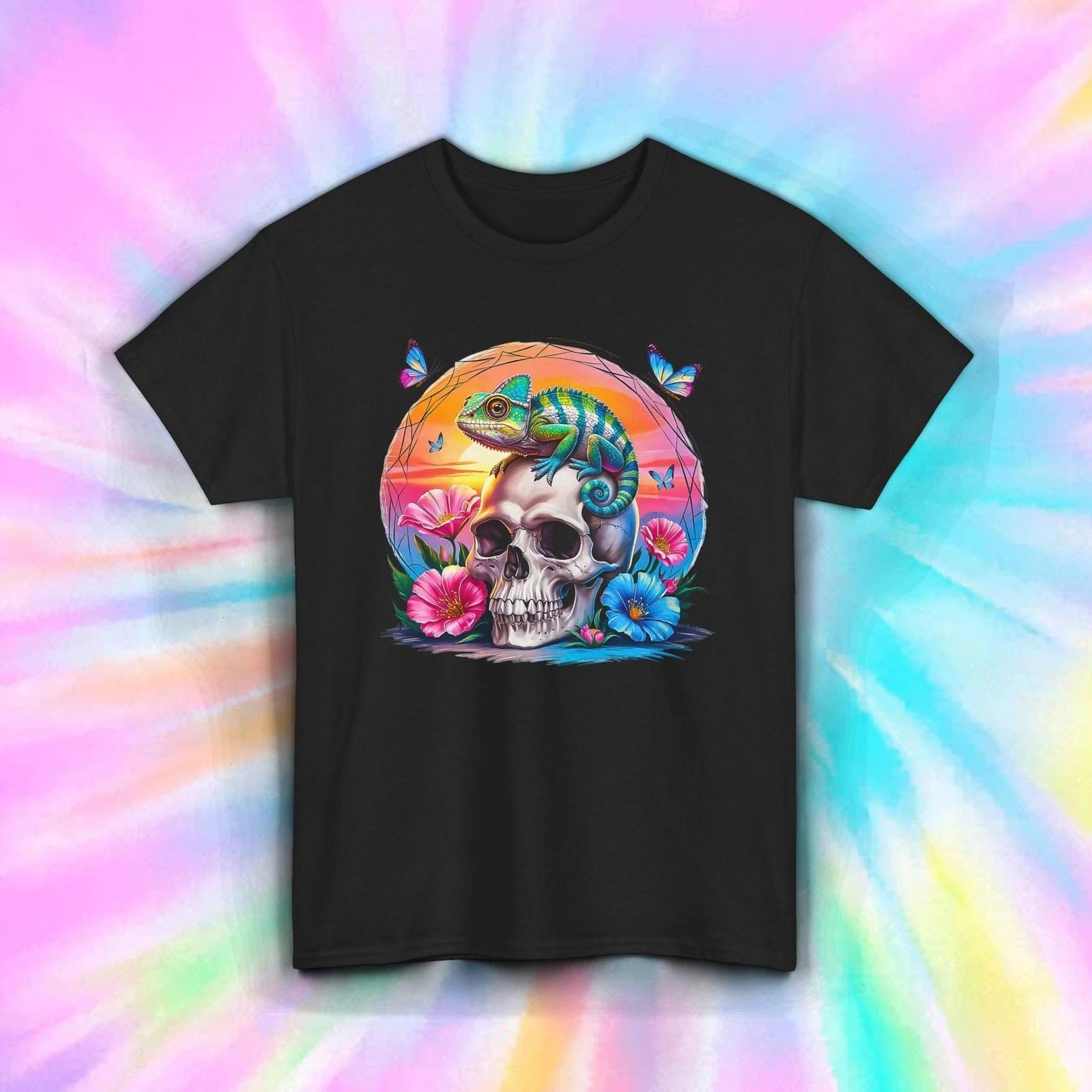 Chameleon Skull Shirt Colorful Flowers Butterfly Lizard Art Gift Tee S-5XL S разноцветный