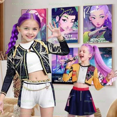 K-Pop Rumi Zoey Mira Demon Hunters Kız Çocuk için Cadılar Bayramı Sahne 3D Baskılı Desen Rol Yapma Kıyafetleri