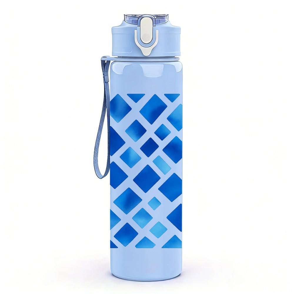 1PC Blue Diamond Grid Pattern 750ml Color Plastic Sports Water Bottle Leakproof Flip Straw Lid Suitable for Sports Office Home Use