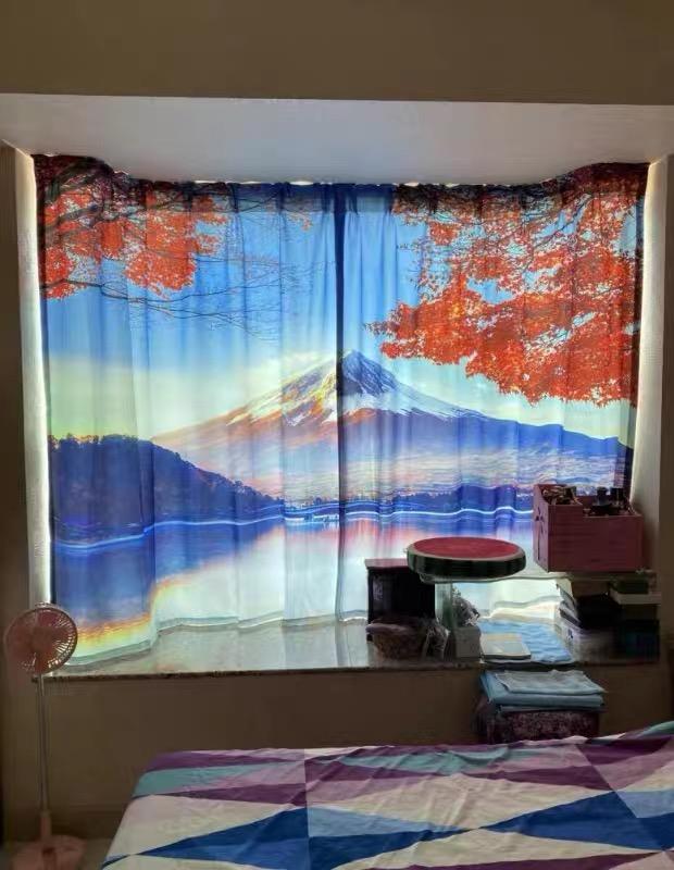 Custom Japanese Landscape Curtains Mount Fuji Red Maple Tree Theme Japanese Restaurant Window Semi-blackout Curtains 2Panels