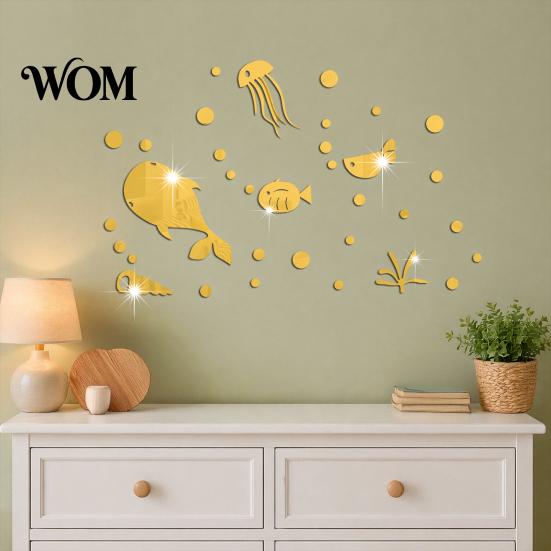 Non Damaging Wall Stickers for Home 1 Set Marine Life Decals, Acrylic Mirror Fish Conch Stickers, Self Adhesive Ocean Theme Decor Waterproof