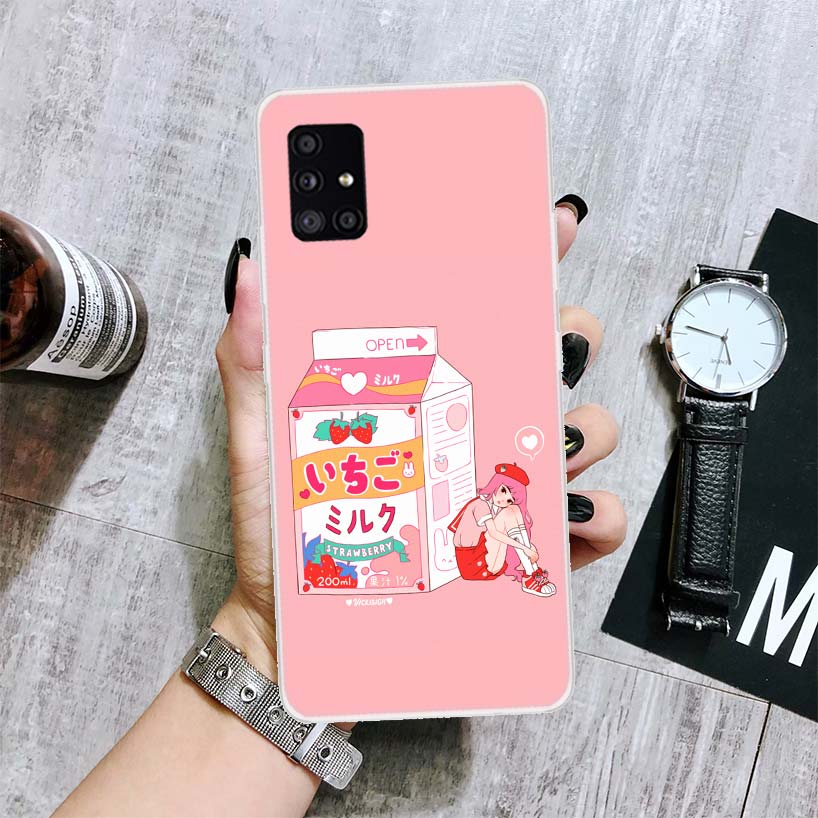 Kawaii Japanese Strawberry Milk Box Phone Case For Samsung Galaxy A14 A15 A13 A12 A54 A55 A53 A52 A04S A24 A25 A23 A22 A34 A35 A