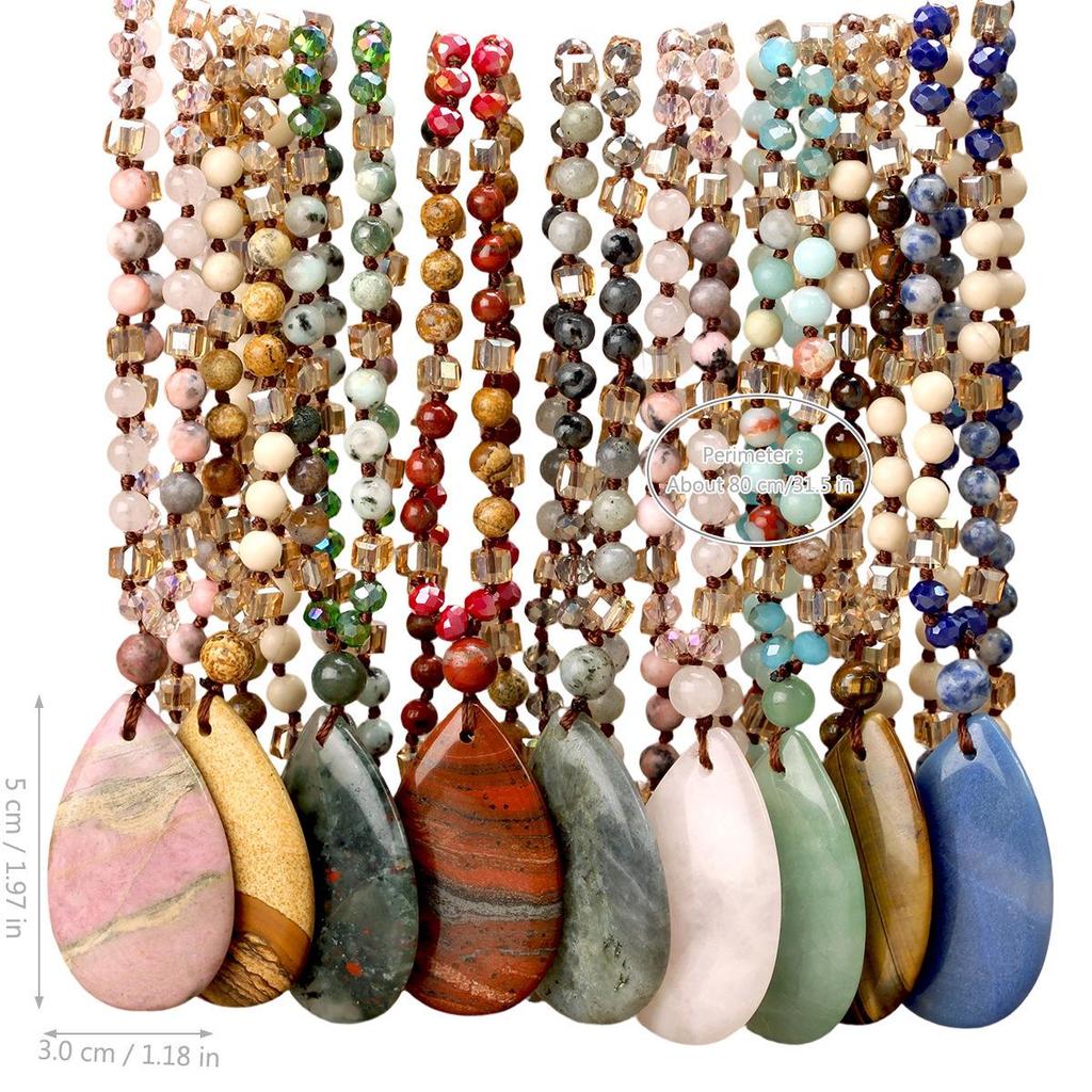 Women's Pink Crystal & Colorful Agate Water Drop Necklace: Handmade Knotted Sweater Chain with European and American Style