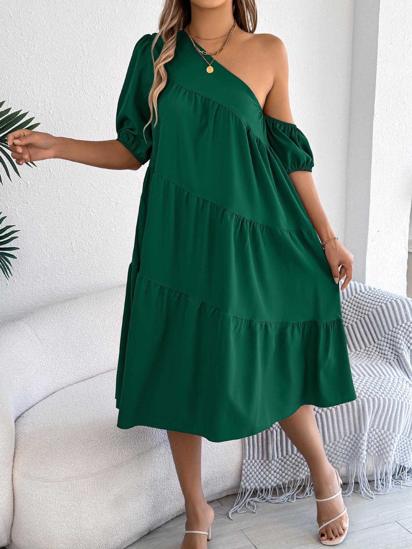 Women Off Shoulder Short Sleeve Ruffled Loose Flared A Line Long Dress S