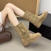 Autumn and Winter New European and American Wind Cow Anti-velvet Thick-soled Locomotive Boots Round Head Belt Buckle Rivet Middle Heel Short Boots Mar