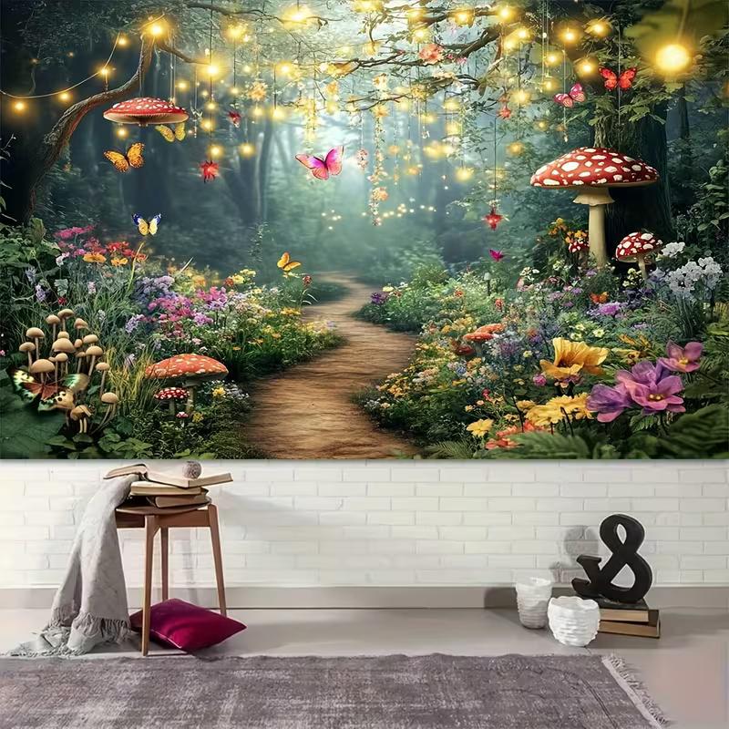 2D Printed Enchanted Fairy Forest Backdrop, Glowing Firefly & Mushroom Path Photo Background for Studio