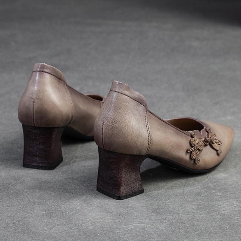 Johnature Scarpe con tacco alto a punta stile etnico Scarpe da donna con décolleté poco profonde in vera pelle retrò versatili