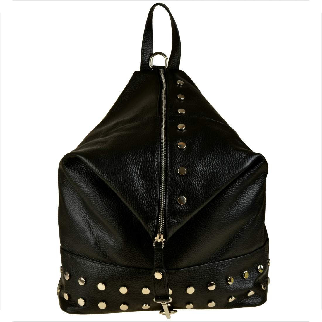 Women`s backpack, black, natural leather, studs