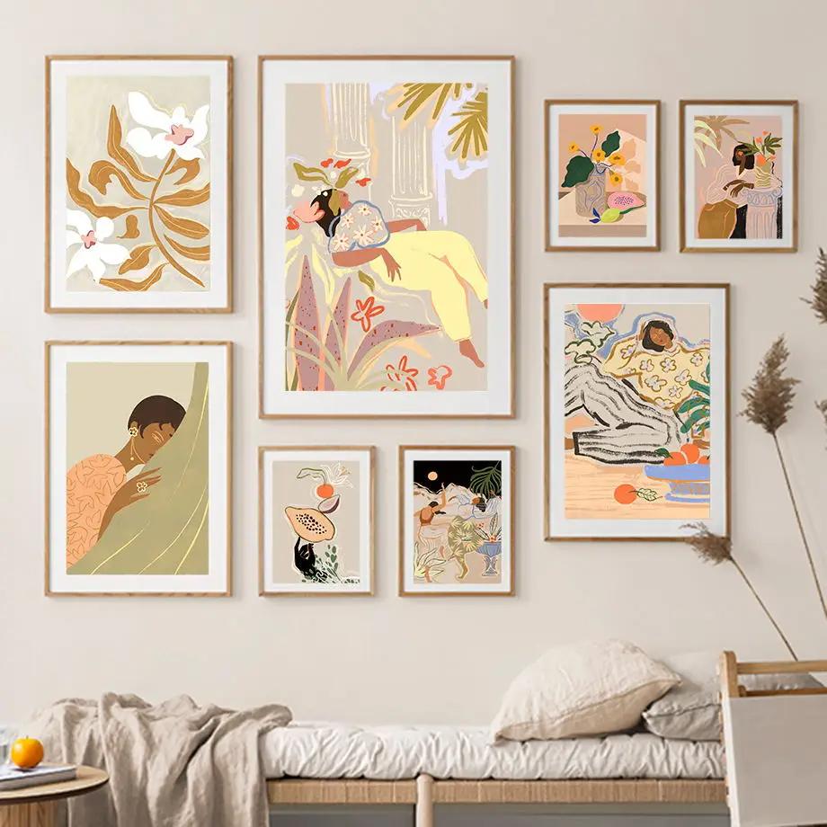 Abstract Lazy Woman Dance Flower Lemon Papaya Fruits Wall Art Print Canvas Painting Nordic Poster Pictures For Living Room Decor