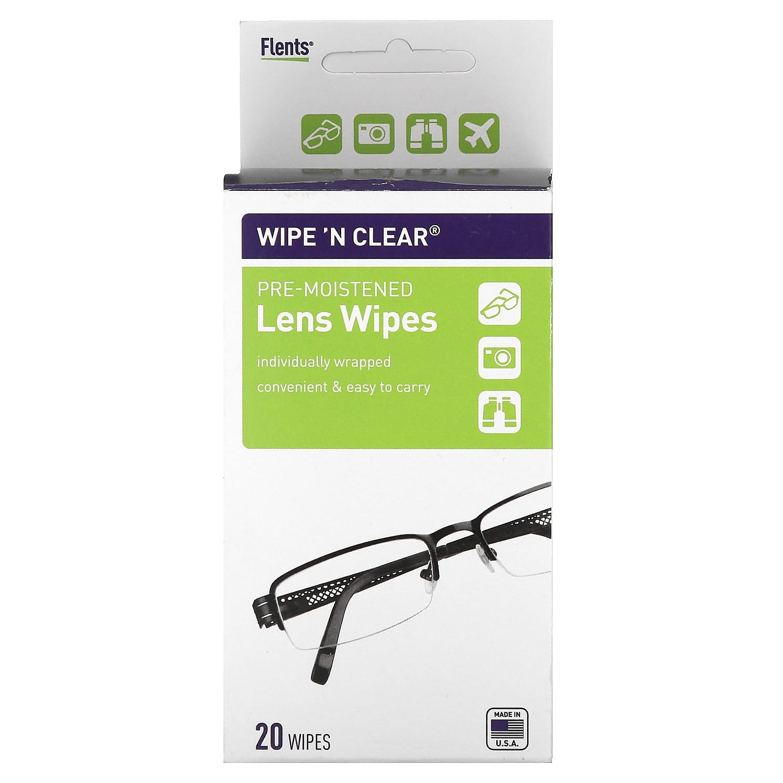 

Wipe N Clear, Влажные салфетки для линз, 20 штук