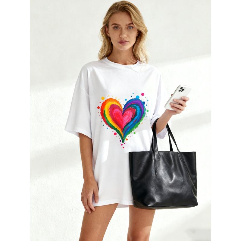 Oversize Women's Short-Sleeve T-Shirt with Rainbow Brushstroke Heart and Colorful Ink Spot Print