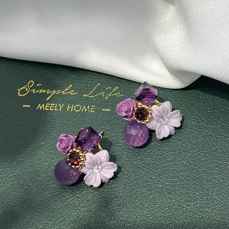 Women Fashion Korean Purple Crystal Flower Earrings Women Tender Wedding Party Anniversary Gift Jewelry Design Pendant Decor