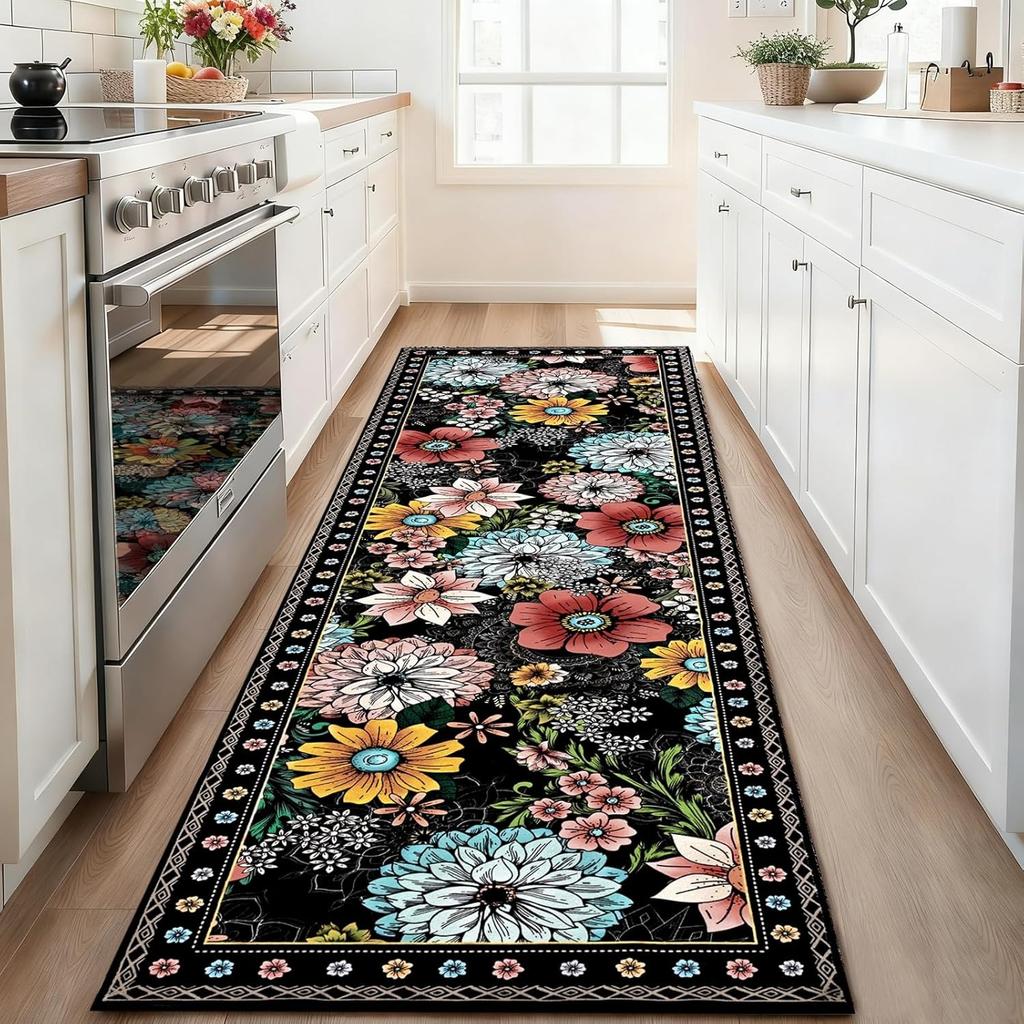 Retro Floral Runner Rug Colorful Flower Pattern Carpet Soft Non-Slip Home Decor Floor Mat for Living Room Bedroom Kitchen