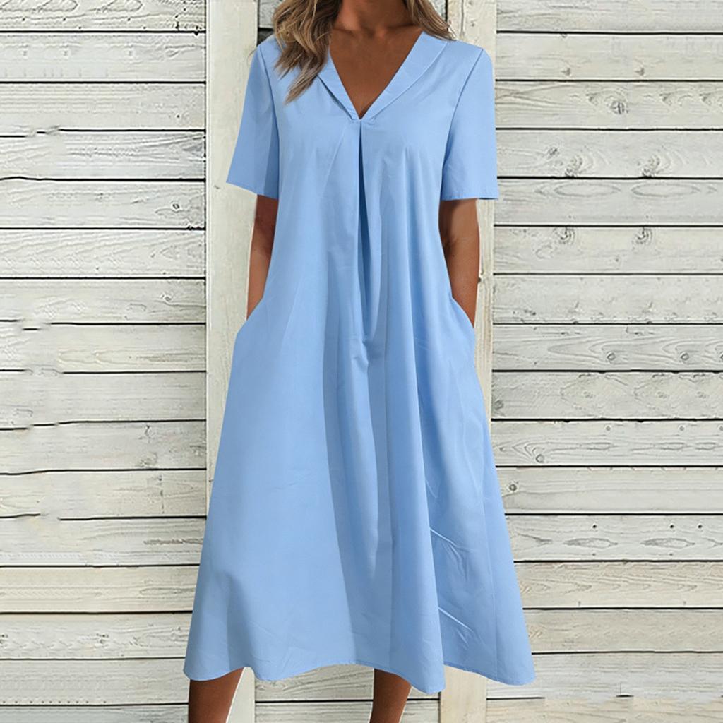 Women's Summer Fashion Casual Cotton-Linen Blend V-Neck Pocket Short-Sleeve Dress