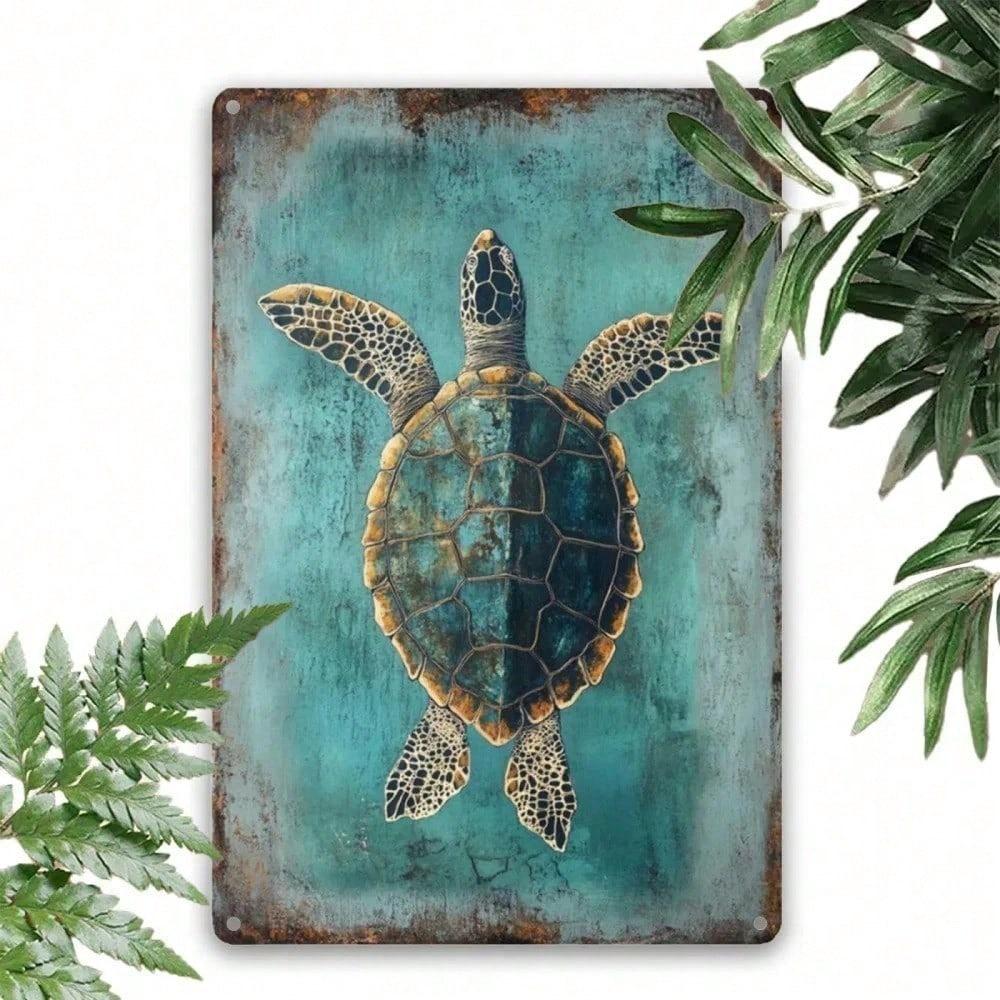 Vintage Metal Poster Sea Turtle Wall Art Beach Home Decor