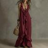 Women Bohemian Long Dress Summer Ruffle Deep V Neck Sleeveless Swing Dress Solid Color Loose Casual Beach Vacation Maxi Dress