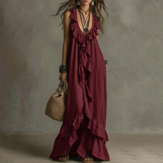 Women Bohemian Long Dress Summer Ruffle Deep V Neck Sleeveless Swing Dress Solid Color Loose Casual Beach Vacation Maxi Dress