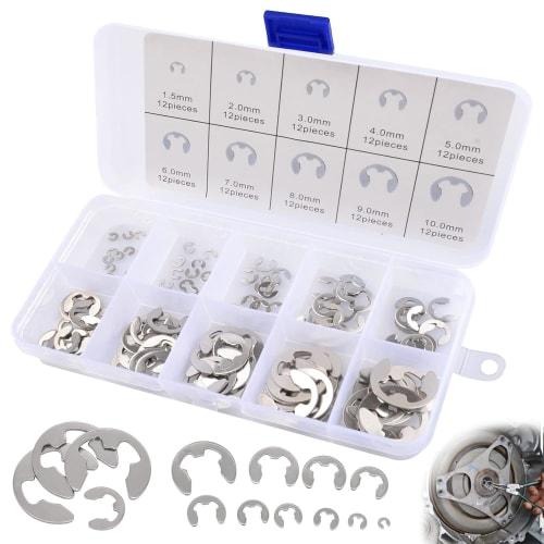 Set of 120 E-rings, M1.5-M10, 304 Stainless Steel, Oil-Resistant, with Storage Case, E-Type Retaining Rings for Fixing Machine Components, Tool Kit wi