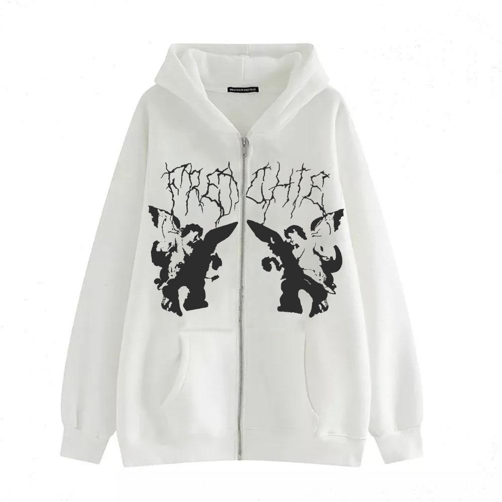Cross-border new product spot skull wings hooded zipper sweater women's fleece thickened loose sports cardigan sweater women's
