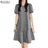 ZANZEA Women Casual Round Neck Grid Print Short Sleeve Dress
