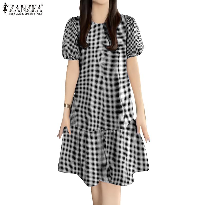 ZANZEA Women Casual Round Neck Grid Print Short Sleeve Dress