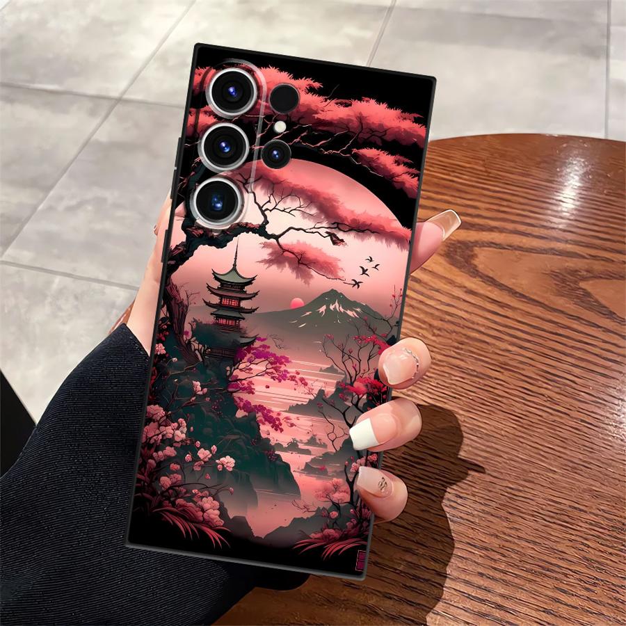 Japanese Ancient House Painting Case for Samsung Galaxy S23 Ultra S25 Edge S24 Plus S20 S21 FE Black Soft Phone Cover