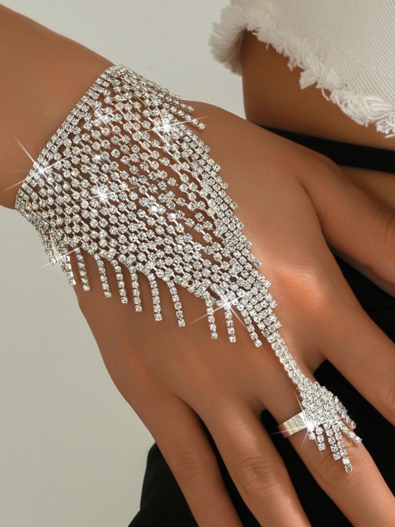 1PC Fashionable Sparkling Rhinestone Tassel Linked Finger Bracelet with Light Luxury Design for Women's Accessories