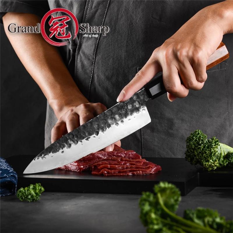 8 tommers Hamdmade kokkekniv 3 lag japansk AUS10 stål Gyuto kniv Høykarbon kjøkkenkniver Matlagingsverktøy med knivbeskytter GRANDSHARP