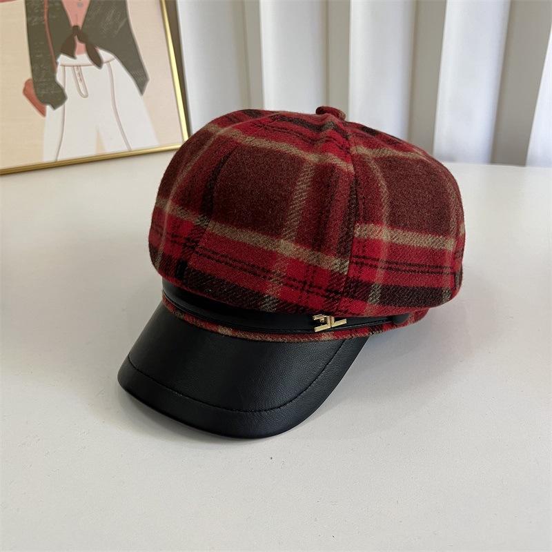 English Plaid Octagonal Hat Children Autumn and Winter Woolen Beret Literary Retro Versatile Face Small Newsboy Painter Hat