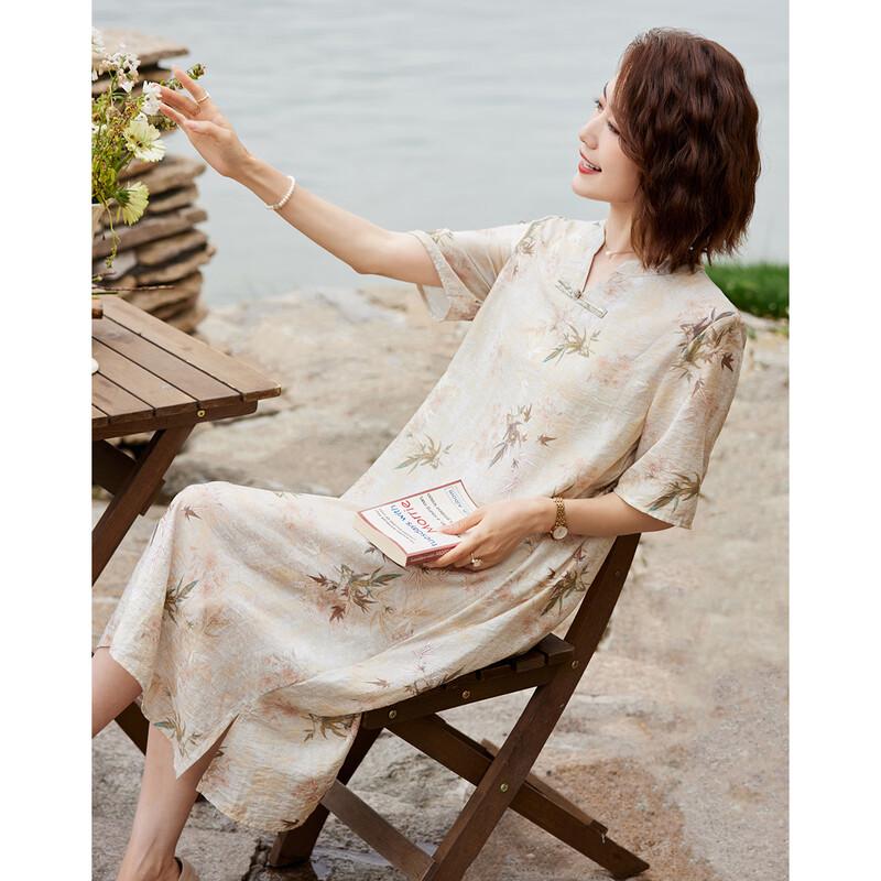 2025 Summer New Chinese Style Slit Short Sleeve Dress for Mid-Aged Women