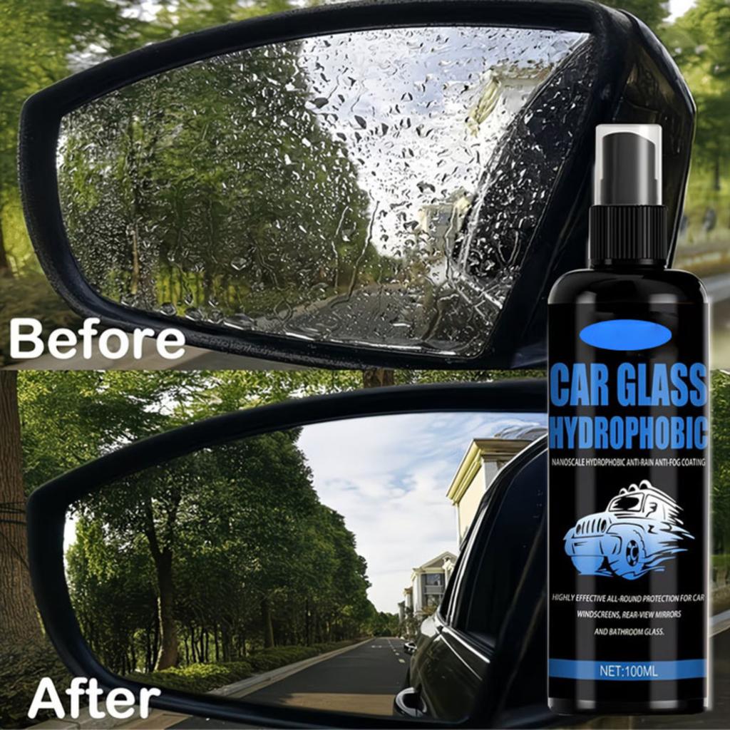 Car Glass Hydrophobic Water Repellent Spray 100ml with Microfiber Cleaning Cloth for Automotive Windshield and Window Protection