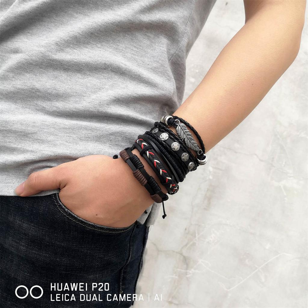 Vintage Multi-layer Feather Star Leather Bracelets For Men Hand-knitted Leaves Rope Wrap Wristband Bracelet Ethnic Party Jewelry