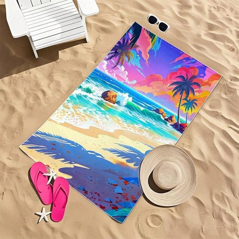 Colorful Beach Waves and Palm Towel Patterned Sunscreen And Windproof Suitable For Swimming Pool Camping Travel Blanket
