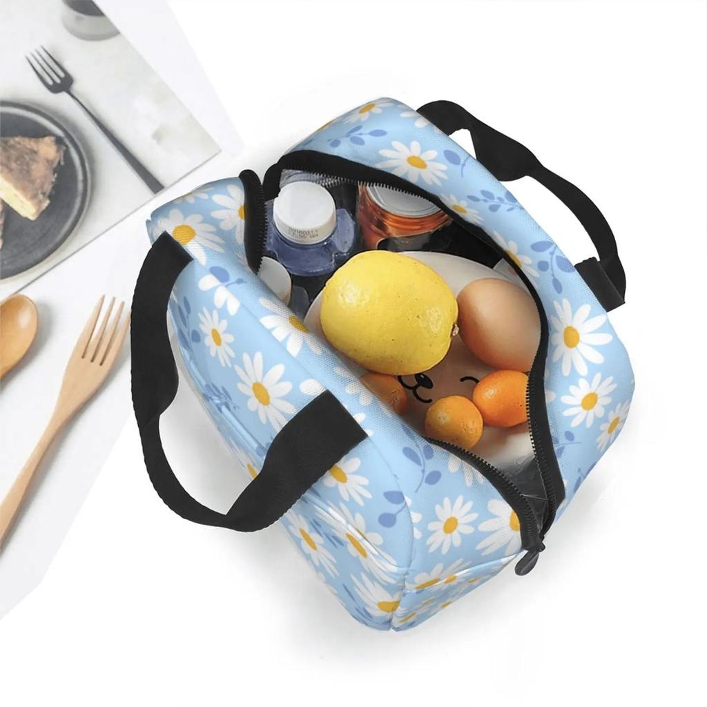 Insulated Lunch Box Daisy Flower Lunch Bag Spring Floral Reusable Bag Flowers Blue Cooler Tote Bags for Kids Teens Adults Girls