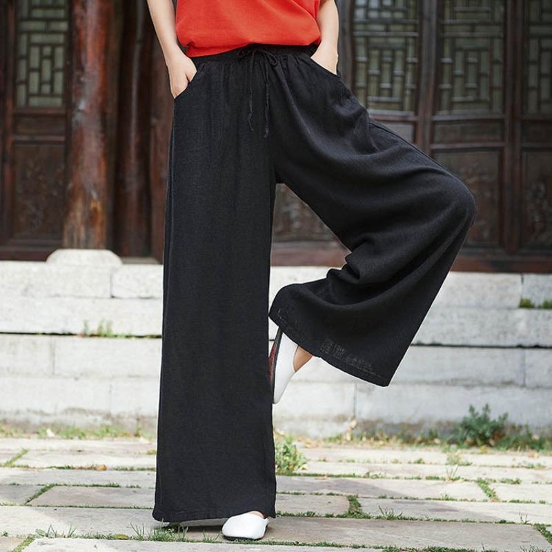 Baumwoll-Leinen Schnürhose Damen Retro Locker Damenhose Weite Hosen