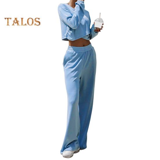 2 stk/sett Dame Topp Buksesett Rund Hals Langermet Uregelmessig Krysskant Genser Ensfarget Elastisk Høy midje Vide ben Bukser Sport Fitness