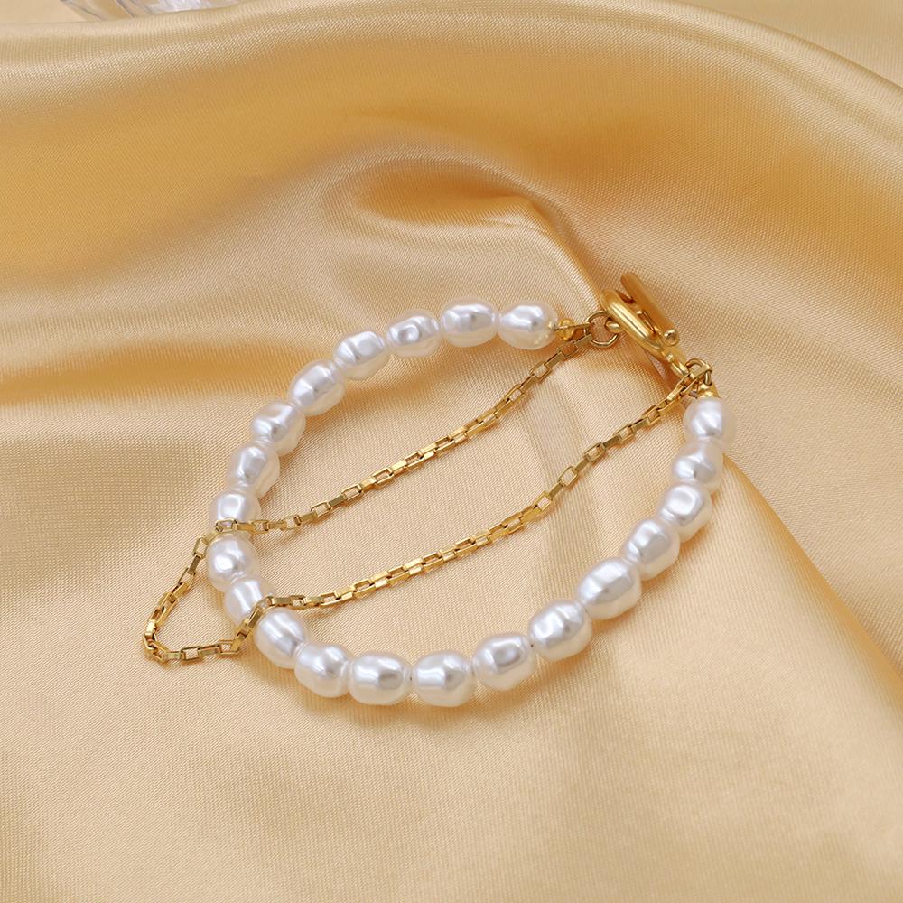 European & American Design Double-Layer OT Buckle Pearl Bracelet - Fashionable Titanium Steel Jewelry for Women