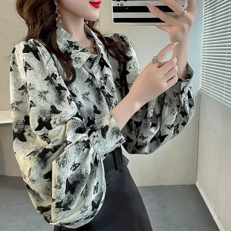 Retro Women's Printed Shirt Slim-fit Lantern Sleeve Floral Shirt Collared Chiffon Shirt Spring