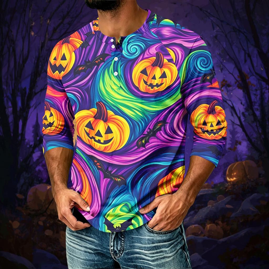 Men's Casual Halloween Print Raglan Three-Quarter Sleeve Shirt