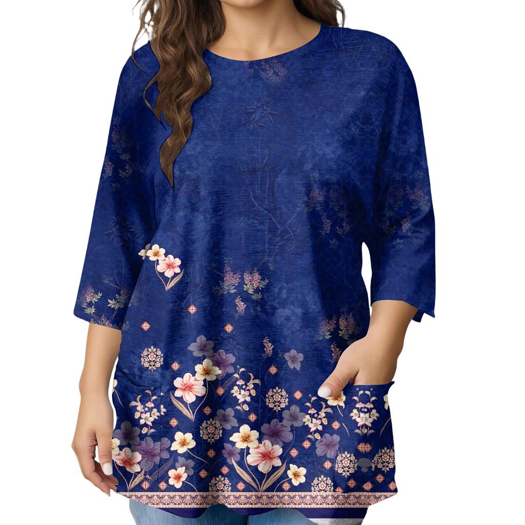 Modeblus för damer, större storlekar, med tryck, kortärmad, för elegant pendling och fritid