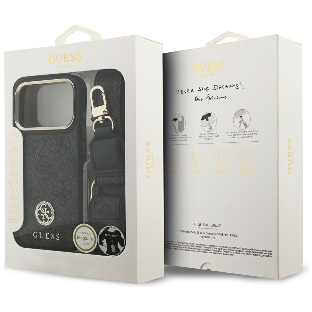 Funda Guess 4G Strass Logo y Correa Grande Botones Metálicos MagSafe para iPhone 17 Pro Negra